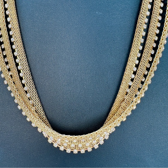 Retro Mesh 3 Chain Necklace Rhinestone Accent Layers Gold Tone Disco Glam 20” - Picture 10 of 11
